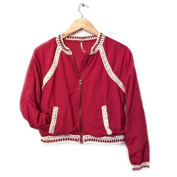 Free People Cherry Red Crochet Bomber Jacket - Picture 2 of 8